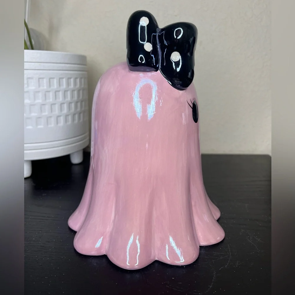 NEW Ceramic Iridescent Pink Ghost Girl with Black Polka Dot Bow